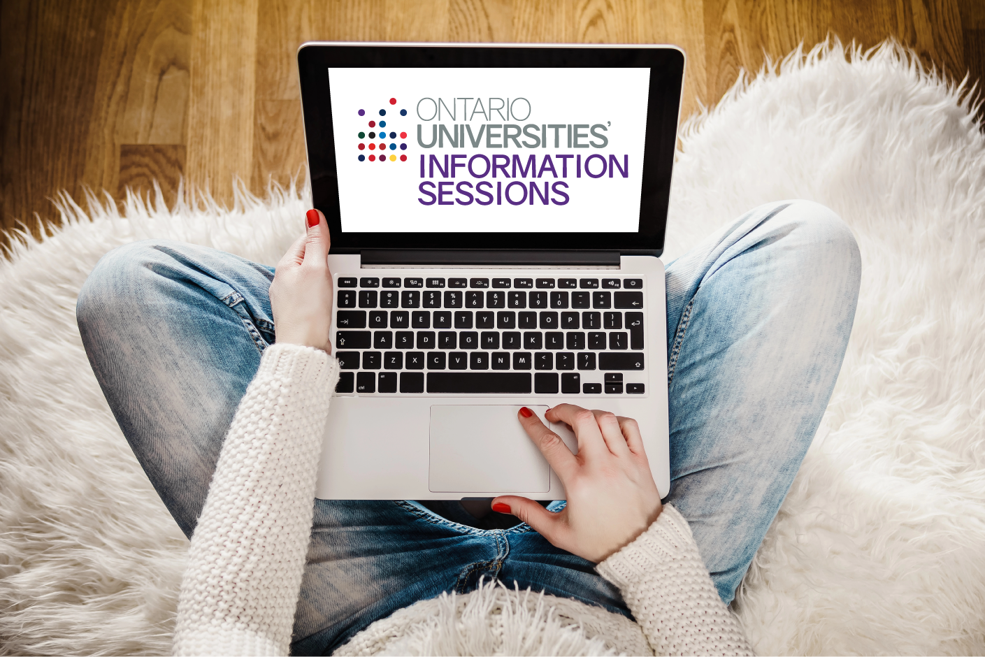 A student at home looking at a computer with the Information Sessions logo on it