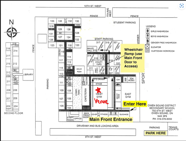 Diagram showing where the gym is located inside Owen Sound District Secondary School. After entering from the Main Front Entrance, turn right to access the West Gym, which is across from the East Gym. It also shows where the wheelchair ramp is located (near the court yard) and directs guests to use the Main Front Door to access it.